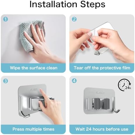 2P No Drill Self Adhesive Broom Mop Holder Wall Mount with Hooks Silver - Image 4