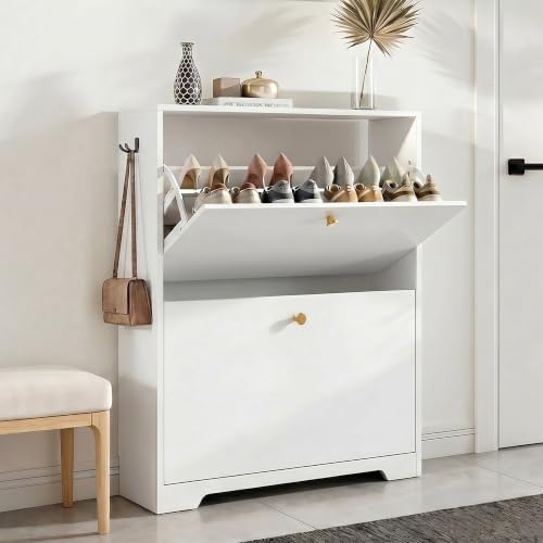 Nicetree Shoe Cabinet with 2 Flip Drawers, Modern Entryway Organizer, White by Nicetree