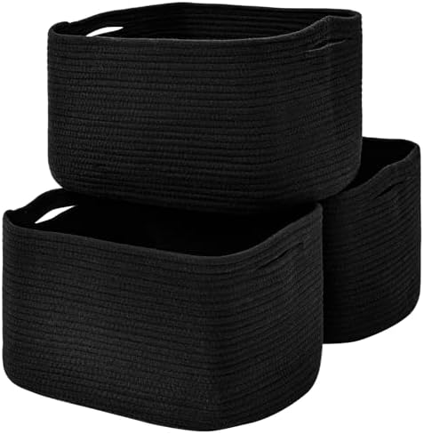ICERZCZ Large Storage Baskets for Organizing Shelves, Woven Cotton Rope Bins for Baby Nursery Organization, Book Toy Towel Organizer, 17"x13"x9.5", 3 Packs, Black by ICERZCZ