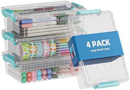 BiuLeon 4 Pack Extra Large Pencil Box, Plastic Pencil Case Organizer, Clear Crayon Box Marker Organizer, Stackable Craft Organizers and Storage for Pen, Craft, Art Supply(Green) by Unknown