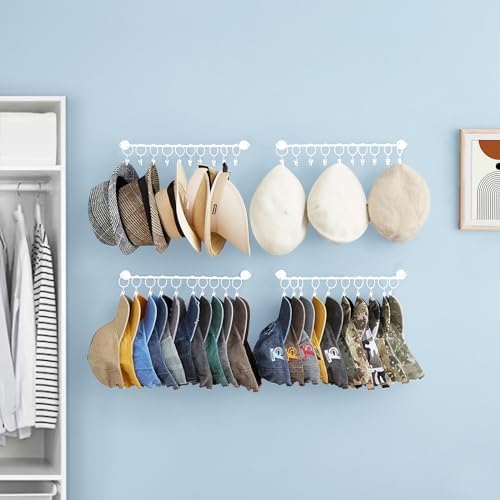 Hat Rack Wall Cap Organizer - Baseball Hat Racks Display Holder with 40 Hooks - Modern Metal Black Hats Storage Wall Mounted Caps Hanger Set of 4 for Closet Door Bedroom Entryway Laundry(White) - Image 6