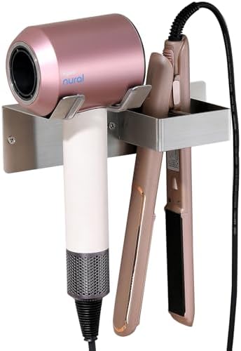 Hair Dryer Holder Wall Mounted, Stainless Steel Blow Dryer Holder for Bathroom, Hair Dryer and Straightener Holder Adhesive or Drilling, Hair Tool Organizer for Salon Barber Shops Banjekt by BANJEKT