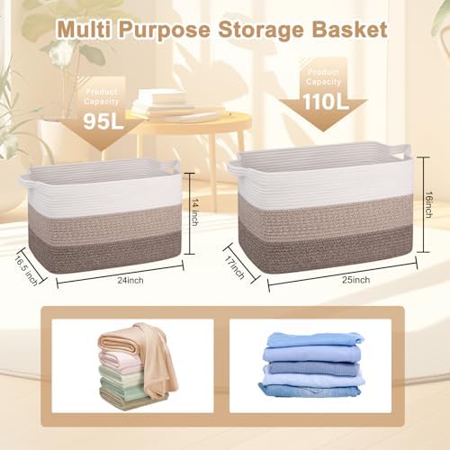 OIAHOMY Extra Large Blanket Basket, 110L Cotton Rope Woven Laundry Basket, Toy Bin for Baby Room, Container for Blanket Storage in Living Room, 24.8''×17.3''×15.8'', Gradient Brown - Image 3