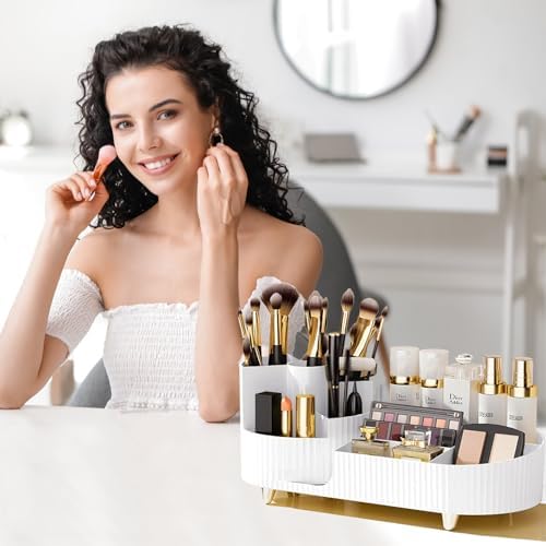 Rotating Vanity Organizer with Brush Holder, Large Spinning Makeup Skincare & Cosmetic Organizer, Countertop Perfume & Lotions Display Case (White) - Image 5