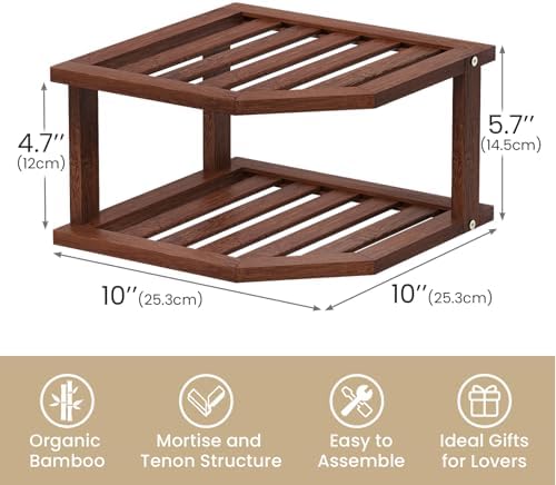 VERTORGAN 2 Tier Bamboo Plate Organizer,Corner Shelf for Kitchen(Brown - Image 3