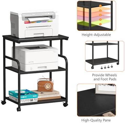3-Tier Adjustable Large Printer Stand with Storage, Rolling Printer Cart with Lockable Wheels for Home, Office (Black) - Image 4