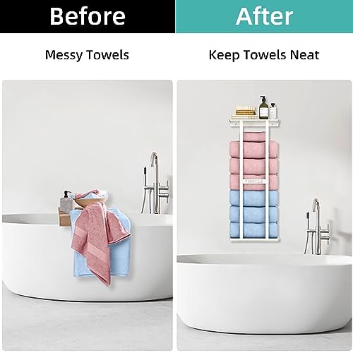 STWWO Wall Towel Rack for Rolled Towels, Towel Storage for Small Bathroom Can Holds 6 Large Towels, 30 inch Towel Racks with Shelf, White - Image 2