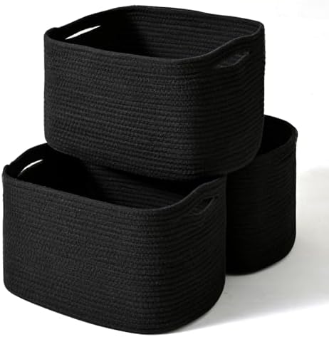 ICERZCZ Black Storage Baskets for Organizing Shelves, Toy Basket for Nursery, Woven Cotton Rope Basket for Decor, Towel Baskets for Bathroom, 15"x11"x9.5", 3 Packs, Black by ICERZCZ