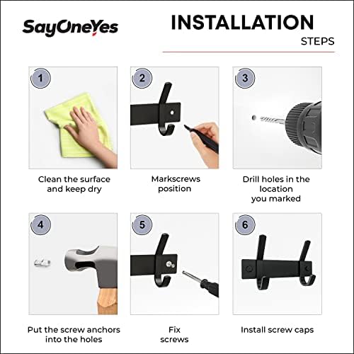 Coat Rack Wall Mount – 6 Inch Stainless Steel Hook Rail with 2 Double Coat Hooks for Hanging – Wall Mounted Entryway Organizer for Coats, Hats, Bags, Towels, Robes, Closet or Bathroom - Black 2 Pack - Image 6