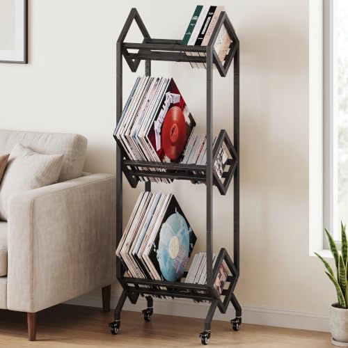 3 Tier Vinyl Record Storage Rack with Casters, Black Metal Record Holder by Simoretus