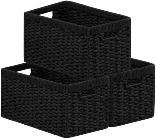 UBBCARE 3 Pack Wicker Basket, 13.4L×8.3H×7.1W inch Woven Paper Rope Storage Baskets for Shelves, Foldable Rectangular Storage Baskets with Handle, Storage Basket for Organizing, Black by UBBCARE