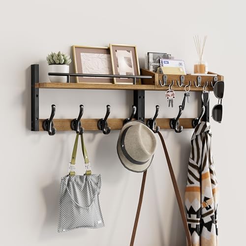 29 inch Coat Rack Wall Mount with Shelf, Entryway Wall Shelf with Hooks, Heavy Duty Coat Hanger Wall Mount with Key Holders and Mail Organizer for Living Room, Bedroom, Wooden Brown & Black by Segtenant