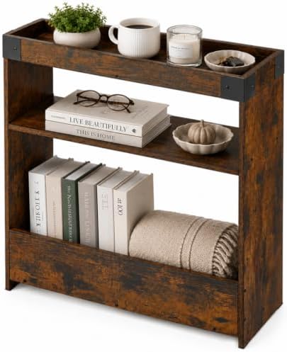 Narrow Side Table, 8" Slim End Table with Tray Top, Rustic Brown by Zexvida