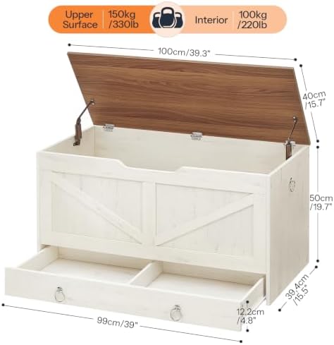 HOOBRO Storage Chest, 39.3" Toy Chest with Drawer, Wooden Storage Bench, Sturdy Entryway Bench Supports 330 lb, Safety Hinge, U-Shaped Opening, Easy Assembly, Cloud White and Walnut IH710CW01G2 - Image 3