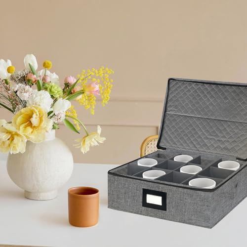 homyfort Mug Coffee Storage Box with Dividers - Stackable Glass China Storage Containers Hard Shell with Lid, Label and Handles, Holds 12 Coffee Mugs and Tea Cups (Dark Grey) - Image 2