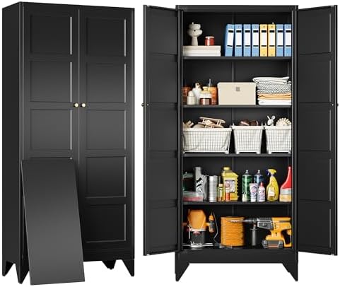 SISESOL Wide & Deep Metal Storage Cabinets with 2 Doors and 5 Shelves,Tall Storage Cabinet,Large Cupboard Closet,Pantry Storage Cabinet for Home,Kitchen,Dining/Living Room (Black, 72" H) by SISESOL