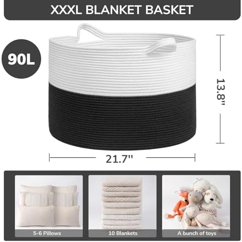 INDRESSME XXXLarge Woven Rope Blanket Basket Living Room White Black, 90L - Image 3