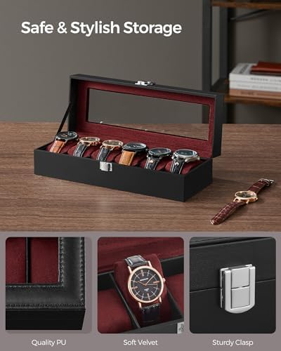 SONGMICS Watch Box, 6-Slot Watch Case with Large Glass Lid - Image 3