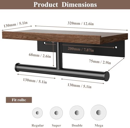Tindbea Double Toilet Paper Holder with Wood Shelf, Wooden Wall Mount Toilet Paper Roll Holder, Matte Black Stainless Steel Bathroom Toilet Tissue Holder (Walnut) - Image 3