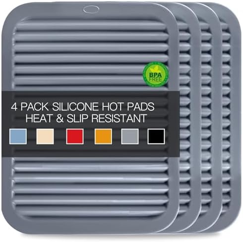 4 PCS Silicone Trivet for Hot Dishes, Hot Pads Trivets Mat for Hot Pots and Pans, Heat Resistant Silicone Hot-Mats, Pot Holders Jar Opener Tables-Mats for Countertop Drying Mat (Grey) by QPIXDIGITAL