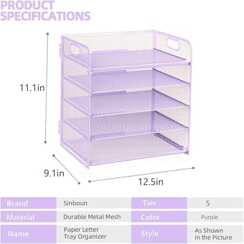 Letter Tray Paper Organizer 5-Tier Desk Organizer File Organizer Paper Holder with Handle, Metal Desktop Document Shelf Tray Office Classroom Organization - Purple - Image 2