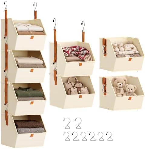 Homsorout Hanging Closet Organizer 4 Tier - Clothes Hanging Shelves, Space-Saving Closet System, Fabric Storage Bins Bedroom Organization, Collapsible Baskets for Home, Dorm, Rv, Beige by Homsorout