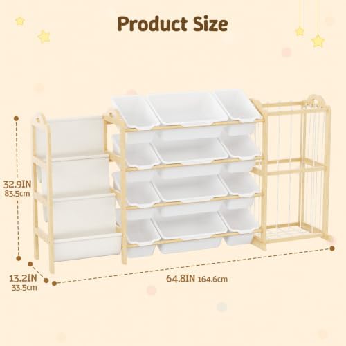 LAMU 3-in-1 Toy Storage Organizer with 3-Tier Bookshelf, Stuffed Animal Storage with 12 Bins and 4 Shelves, Wooden Book Shelf for Playroom Kids Room Nursery Bedroom Living Room Decor, White - Image 2