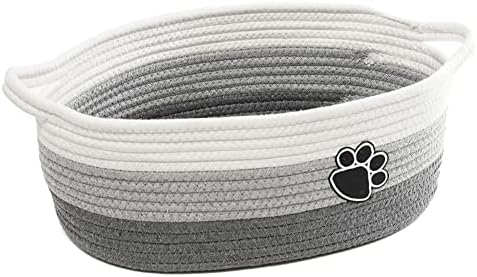 Small Woven Baskets for Organizing Rope Storage Basket with Handle Cute Cotton Basket for Nursery Gift Dog Toy Storage Bins for Toy Organizer Grey-white by STOBSK
