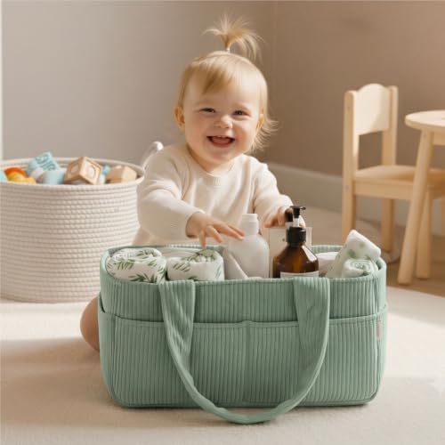 PUTSKA Baby Diaper Caddy Organizer, Nursery Basket, Sage Green Corduroy - Image 4