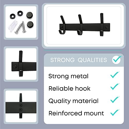 Coat Rack Wall Mount – 9 Inch Stainless Steel Small Hook Rail with 3 Double Coat Hooks for Hanging – Wall Mounted Entryway Organizer for Coats, Hats, Bags, Towels, Robes, Bedroom or Bathroom - Black - Image 3