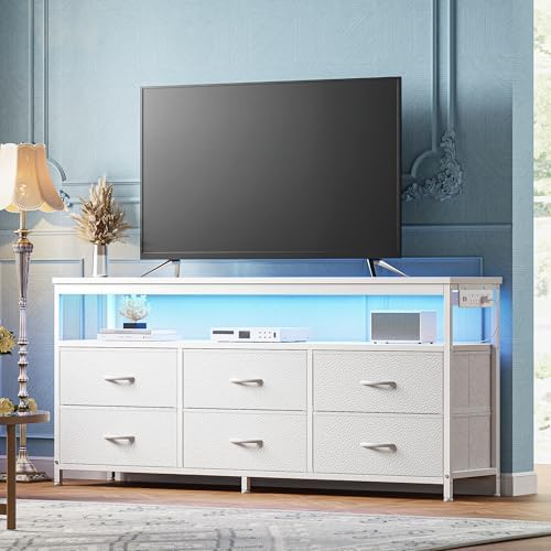 Huuger LED TV Stand for Bedroom, 55 Inch Fabric Dresser with Power Outlets, Entertainment Center for 60, 55, 50 Inch TV, 6 Drawer Dresser for Bedroom, Chest of Drawers with Shlef, PU Leather, White by Huuger