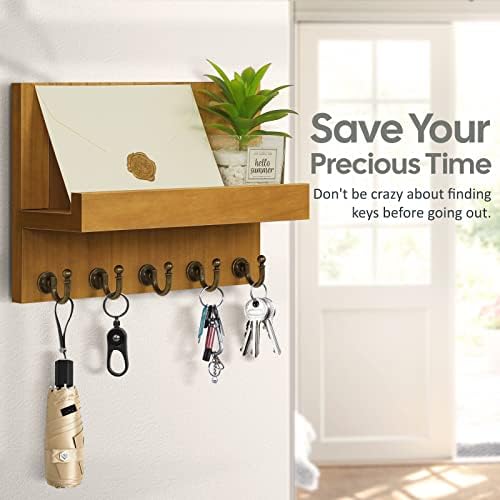 HONJIN Farmhouse Wall Key Holder for Wall : Holiday Card Slot Design Wooden Mail Organizer Wall Mount Dog Leashes Holder Hanger (Light Brown) - Image 4