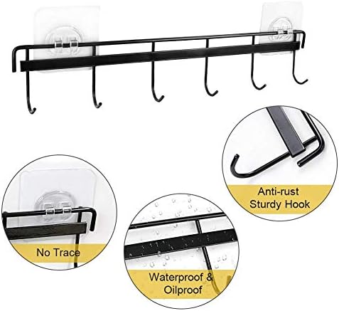 YiZhi Adhesive Wall Hooks Rack Kitchen Rail, Space Saving Utensil Holder No Drilling Wall Mounted Accessory Hanger with 6 Hooks for Kitchen Bathroom Bedroom Pack of 2 (Black) - Image 3
