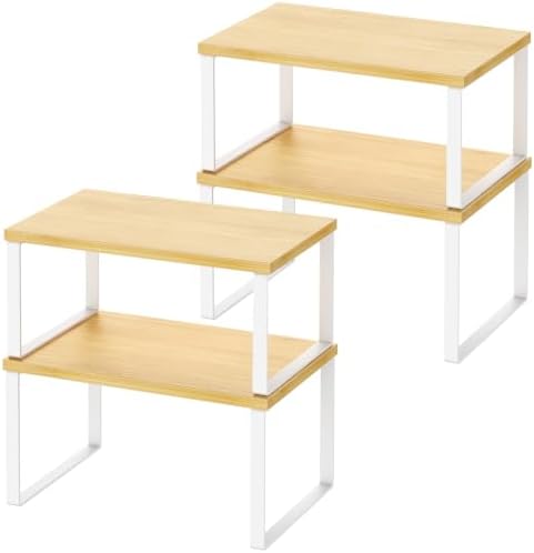 Kitchen Cabinet Organizer Shelf, Set of 4 Wood Kitchen Counter Shelves Riser with Metal Legs, Stackable Expandable Kitchen Storage Spice Rack, Can Cup Dish Organizer, Bamboo by STAFOPO