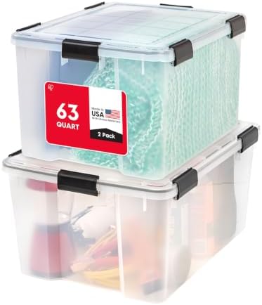 IRIS USA WeatherPro 63 Qt Storage Bins with Lids, 2 Pack, Clear/Black by IRISUSA