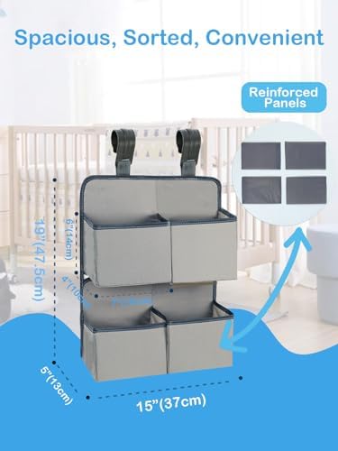 Hanging Diaper Organizer for Crib/Playpen/Bassinet/Playard – Hold 80+ Diapers - 4 Deep Pockets- Changing Table Diaper Holder Bag- Diaper Storage for Newborn Baby Essentials Stacker Caddy, Gray - Image 4