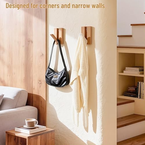 Wall Hooks for Small Space: 2Pack Foldable Wood Natural Coat Hooks - Image 7