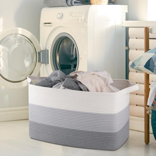 OIAHOMY Extra Large Blanket Basket, 110L Cotton Rope Woven Laundry Basket, Toy Bin for Baby Room, Container for Blanket Storage in Living Room, 24.8''×17.3''×15.8'', Gradient Grey - Image 6