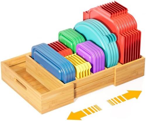 Kiasthome Expandable Bamboo Lid Organizers Inside Cabinet, Kitchen Cabinet Organizers with 3 Adjustable Dividers, Storage Plastic Lids, Food Container Lid Holder Organizer for Drawer Pantry, Nature by KiasthomeModernFurniture