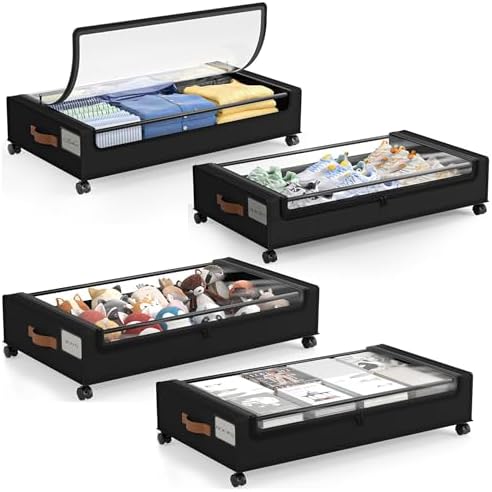 LAMU Under Bed Storage with Wheels, 4Pack Underbed Storage Containers,Black by YourHome-OrganizationHelper