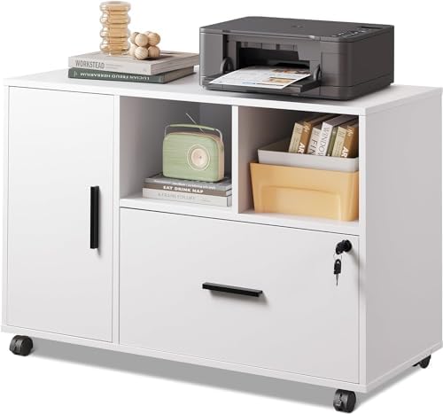 DEVAISE Office File Cabinet with Lock, 1-Drawer Wood Lateral Filing Cabinet on Wheels, Printer Stand with Open Storage Shelves for Home Office, White by DEVAISE