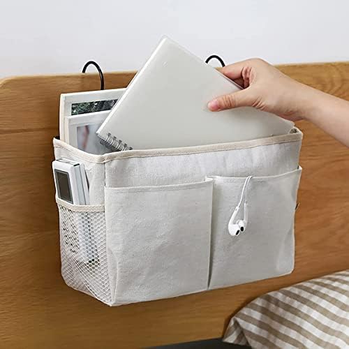 Bedside Caddy Organizer - Bedside Hanging Storage Bag with Hooks, Dorm Essentials Caddy for Bunk Bed & Dorm Bed Rails, Holds Books, Phones, Tablets, Glasses, Water Bottles & More (White 2 Pack) - Image 4