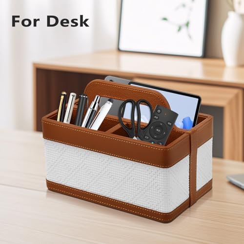 Desk Organizer Caddy with Handle-Portable PU Leather Remote Control Holder-Nightstand Dresser Tote Storage for Sunglasses,Comb,Small iPad,Pen,Heater Controllers,Cosmetics and Office Supplies - Image 3