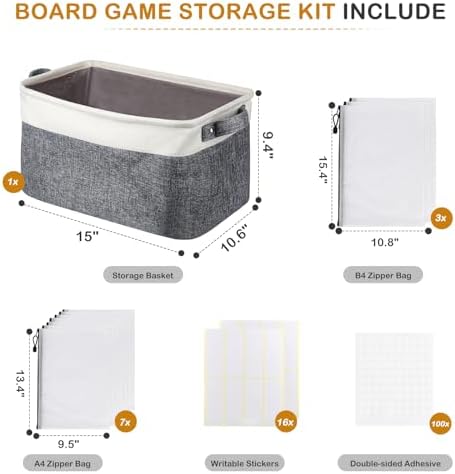 Board Game Storage Kit Include Storage Basket and 10pcs Zipper Bags, Board Game Organizer with Writable Stickers and Dispensing, Suitable for Puzzle Storage, Toys, Document (1 Pack-Grey) - Image 7