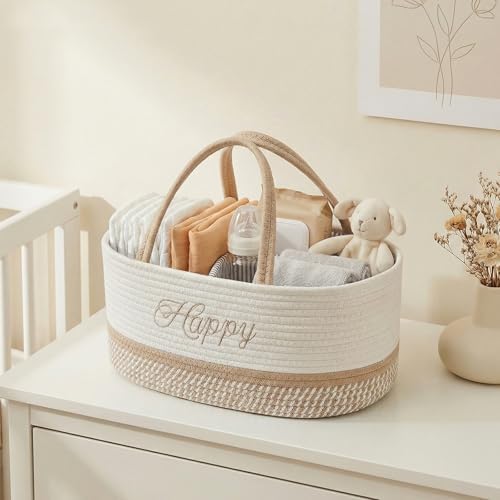 DUHEL Diaper Caddy Organizer with Handle(White Khaki-Happy) - Image 5