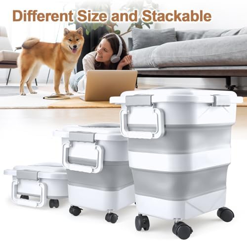 Dog Food Storage Container，10-25 lbs Airtight Collapsible Cat Food Storage Container with Attachable Wheels, Portable Handle, Dog Food Scoop for Dog Cat Bird Pet Dry Food Storage Bin Light Grey - Image 5