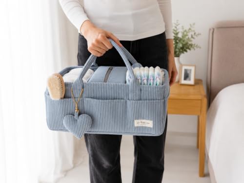 Baby Diaper Caddy Organizer with Matching Zipper Pouch, Soft Corduroy Diaper Storage Basket, Nursery Organizer with Removable Divider, Newborn Essentials, Baby Registry Must Have, Gift for Baby Shower - Image 4