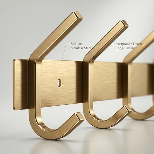 Brushed Gold Wall Mounted Coat Rack – 17 Inch Stainless Steel Rail with 6 Double Coat Hooks for Entryway, Bathroom, Bedroom, Kitchen – Modern Gold Hook Rack for Coats, Hats, Towels - Image 4
