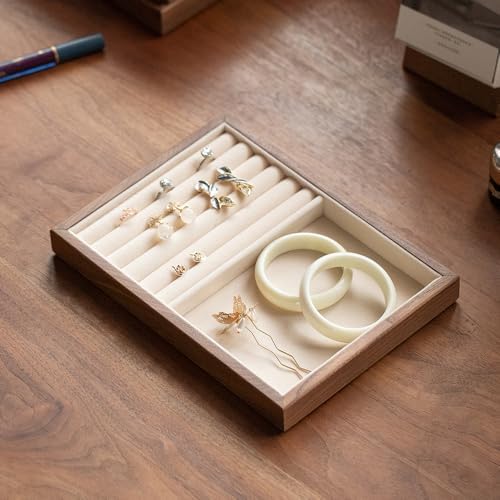 Black Walnut Wooden Jewelry Tray Organizer with Velvet Lining - Jewelry Storage & Display Tray for Rings, Earrings, Bracelets, Watches - Multi-Functional Drawer Organizer (1 Grid + 5 Line) - Image 4