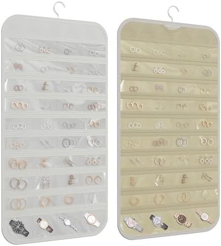 Hanging Jewelry Organizer 80-Pocket Double-Sided, 2-Pack, White and Beige by DonYeco